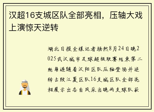 汉超16支城区队全部亮相，压轴大戏上演惊天逆转